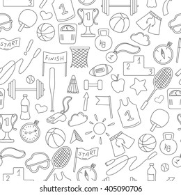 Seamless pattern on a theme sports and exercise, a dark outline against a light background
