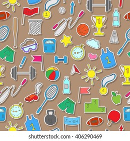 Seamless pattern on a theme sports and physical development , simple colored stickers on a brown  background