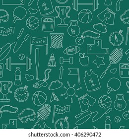 Seamless pattern on a theme sports and exercise, a light outline against a green background