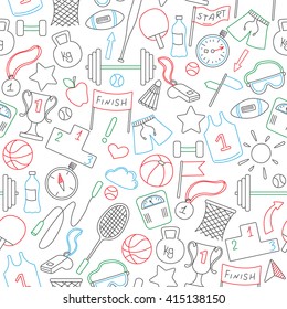 Seamless pattern on a theme sports and exercise, colored markers on white background