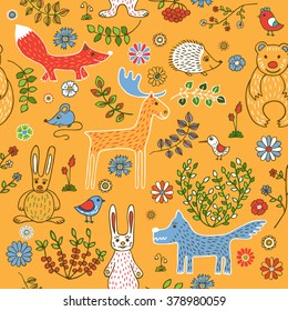 Seamless pattern on the theme of a spring forest. Animals, birds and plants on a yellow background.