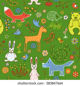 Seamless pattern on the theme of a spring forest. Animals, birds and plants on a green background.