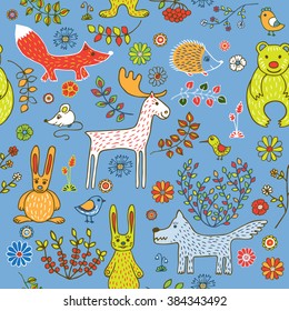 Seamless pattern on the theme of a spring forest. Animals, birds and plants on a blue background.