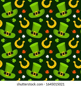 Seamless pattern on the theme of St. Patrick's Day. Green background with green hats, golden horseshoe and clover leaves in colors of the Irish flag. Vector Pattern for decorating posters, cards. 