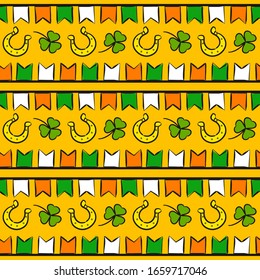 Seamless pattern on the theme of St. Patrick's Day. Yellow background with flags in the colors of the Irish flag, golden horseshoes and shamrocks. Template for the design of posters, cards 