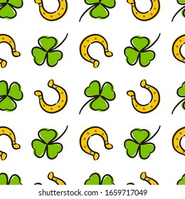 Seamless pattern on the theme of St. Patrick's Day. White background with golden horseshoes and shamrocks. Template for the design of posters, cards and paraphernalia.