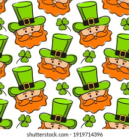 Seamless pattern on the theme of St. Patrick's Day. White background with hand drawn leprechaun and clover. Template for the design of posters, cards and paraphernalia. Vector illustration