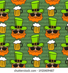 Seamless pattern on the theme of St. Patrick's Day. Green background with hand drawn leprechaun and beer. Template for the design of posters, cards and paraphernalia. Vector illustration