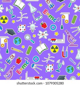 Seamless pattern on the theme of the subject of physics education, simple colored patch icons on purple background