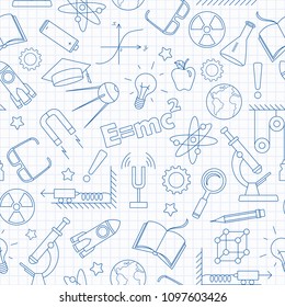 Seamless pattern on the theme of the subject of physics education, blue  contour  icons on the clean writing-book sheet in a cage