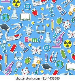 Seamless pattern on the theme of the subject of physics education, simple colored sticker icons on blue  background