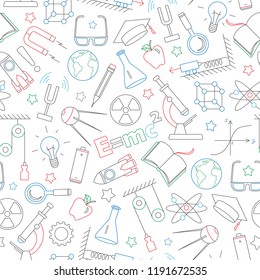 Seamless pattern on the theme of the subject of physics education, simple dark contour icons painted with colored markers on white background