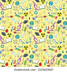 Seamless pattern on the theme of the subject of physics education, simple colored icons on yellow background