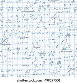 Seamless pattern on the theme of the subject of geometry , formulas, and graphs theorems on the notebook sheet in a cage