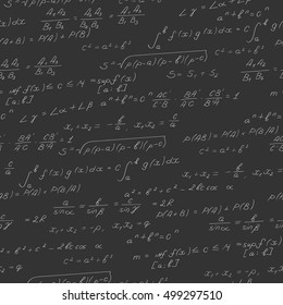 Seamless pattern on the theme of the subject of mathematics, formulas, theorems , light characters on a dark background