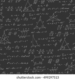 Seamless pattern on the theme of the subject of geometry , formulas, and charts of theorems , a bright outline on a dark background