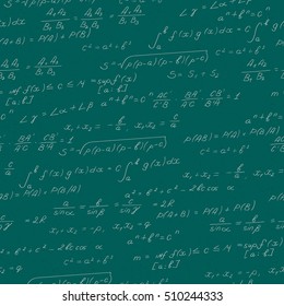 Seamless pattern on the theme of the subject of mathematics, formulas, theorems , light characters on a green background