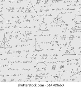 Seamless pattern on the theme of the subject of geometry , formulas, and charts of theorems , a bright outline on a white background