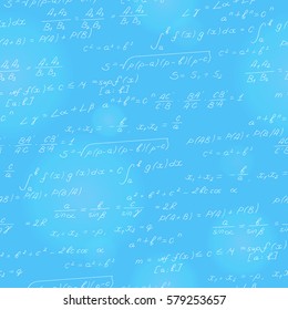 Seamless pattern on the theme of the subject of mathematics, formulas, theorems , light characters on a blue background