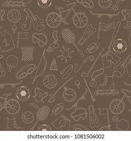 Seamless pattern on the theme of summer sports, simple light  icons contour on a brown  background