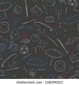 Seamless pattern on the theme of summer camp and vacations, simple contour icons are drawn with colored chalks on the dark school Board