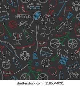 Seamless pattern on the theme of summer sports, simple icons colored chalks on the dark school Board