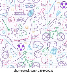 Seamless pattern on the theme of summer sports, simple icons colored markers on the clean writing-book sheet in a cage