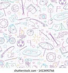 Seamless pattern on the theme of summer camp and vacations, simple contour icons are drawn with colored chalks on the clean writing-book sheet in a cage