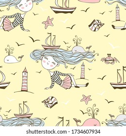 Seamless pattern on the theme of summer and the sea with cute girls on the beach. Vector.