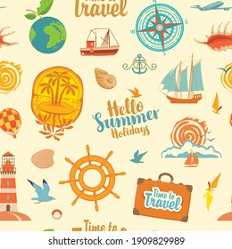 Seamless pattern on the theme of summer holidays and travel. Repeating vector background with sea summer icons, sailboat, hand wheel, lighthouse, suitcase, compass, seashell, sun, gull in flat style