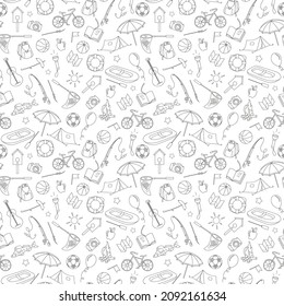 Patrón sin inconvenientes en el tema de campamento de verano y vacaciones, iconos simples de contorno, contorno negro sobre fondo blanco