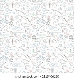 Seamless pattern on the theme of summer camp and vacations, simple contour icons are drawn with colored markers on white background