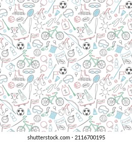 Seamless pattern on the theme of summer sports, simple icons colored markers on white background