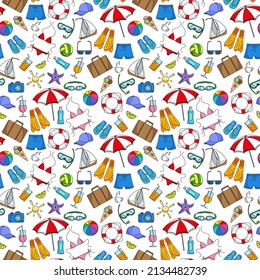 Seamless pattern on the theme of summer holidays in hot countries, simple color icons on white background