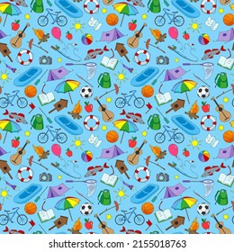 Seamless pattern on the theme of summer camp, and vacation simple icons on a blue background