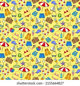 Seamless pattern on the theme of summer holidays in hot countries, simple color icons on a yellow background
