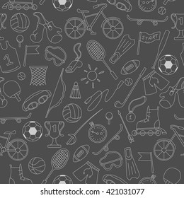 Seamless pattern on the theme of summer sports, simple icons bright outline on a dark background