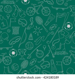 Seamless pattern on the theme of summer sports, simple icons light outline on a green background