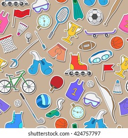 Seamless pattern on the theme of summer sports, simple colorful icons on a brown background