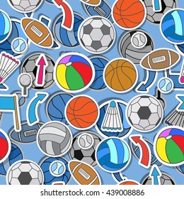 Seamless pattern on the theme of summer sports, different balls ,arrows, and flags