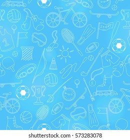 Seamless pattern on the theme of summer sports, simple icons bright outline on a blue  background