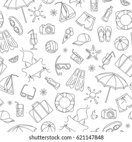 Seamless pattern on the theme of summer holidays in hot countries, simple dark contour icons on white background