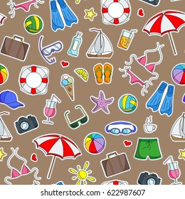 Seamless pattern on the theme of summer holidays in hot countries, simple colored icons patches on a brown background