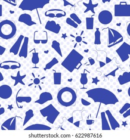 Seamless pattern on the theme of summer holidays in hot countries, the blue outlines of the icons on the background polka dot
