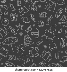 Seamless pattern on the theme of summer holidays in hot countries, simple white contour icons on a dark background