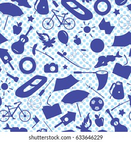 Seamless pattern on the theme of summer camp and vacations, blue silhouettes of icons , black contour on white background polka dot