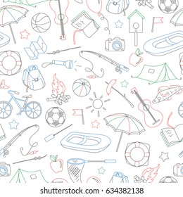 Seamless pattern on the theme of summer camp and vacations, simple contour icons are drawn with colored markers on white background