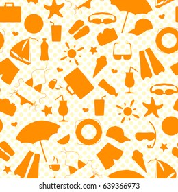 Seamless pattern on the theme of summer holidays in hot countries, the orange outlines of the icons on the background polka dot