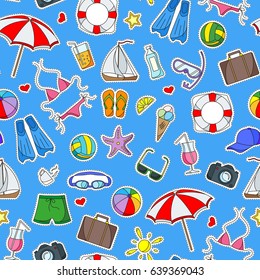 Seamless pattern on the theme of summer holidays in hot countries, simple colored icons patches on a blue background