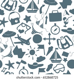 Seamless pattern on the theme of summer holidays in hot countries, the grey silhouettes of the icons on a light background 